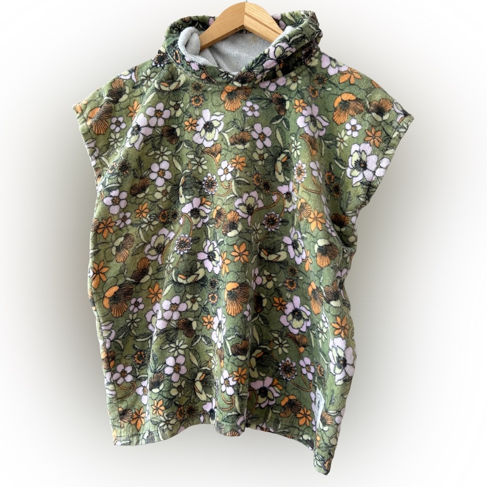 Billabong Floral Green Terrycloth Hooded Short Sleeve Top